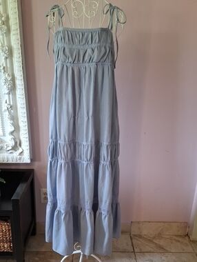 Promesa Light Blue Tiered Maxi Dress with Tie Straps